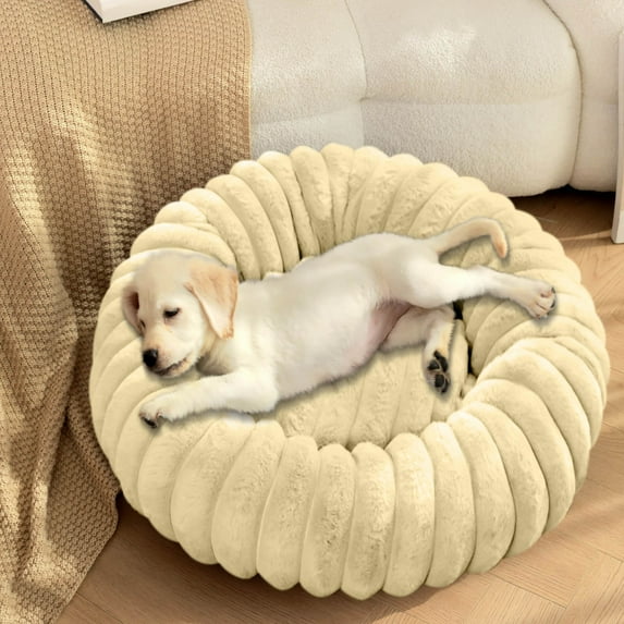 Taotanxi Small Dog Bed - Dog Beds for Small Dogs with Corduroy Fleece & Anti Slip Bottom, Round Faux Fur Pet Beds, Beige, 16x16x5 inches