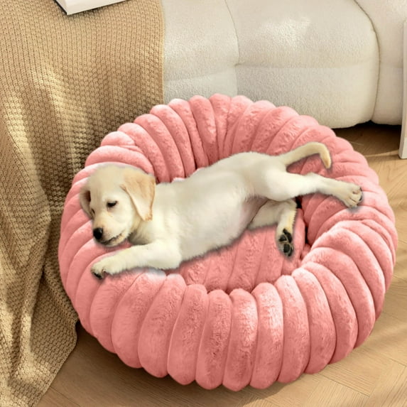 Taotanxi Small Dog Bed - Dog Beds for Small Dogs with Corduroy Fleece & Anti Slip Bottom, Round Faux Fur Pet Beds, Pink, 16x16x5 inches