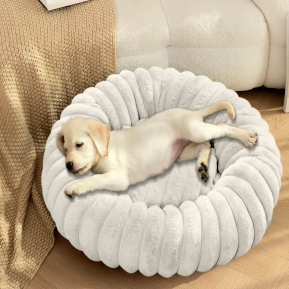 Taotanxi Small Dog Bed - Dog Beds for Small Dogs with Corduroy Fleece & Anti Slip Bottom, Round Faux Fur Pet Beds, White, 16x16x5 inches