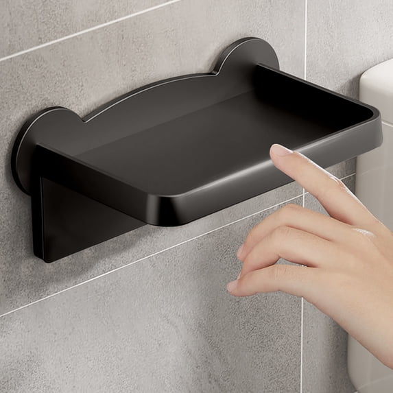 Taotanxi Small Plastic Self Adhesive Bathroom Wall Mount Shelf - Fits Over Toilet Paper Holder - Designed for Smartphone and Flushable Baby Wipes (Black)