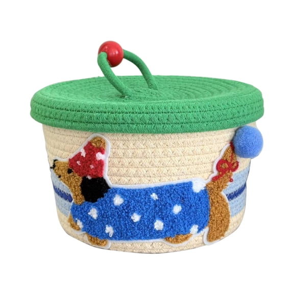 Taotanxi Small Rope Basket with Lid,10x6 Small Round Woven Storage Basket with lid for Organizing, Small Decorative Toy Basket with Colorful Animal Pompom, Cute Storage Bin Box for Toys, Gifts…