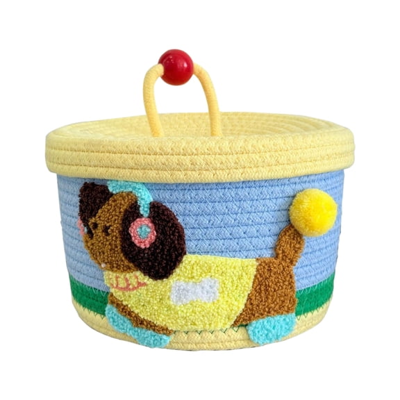 Taotanxi Small Rope Basket with Lid,10x6 Small Round Woven Storage Basket with lid for Organizing, Small Decorative Toy Basket with Colorful Animal Pompom, Cute Storage Bin Box for Toys, Gifts…