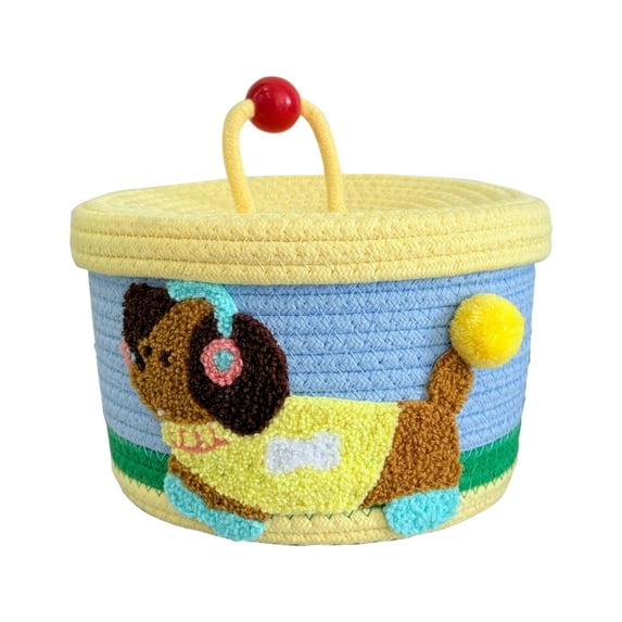 Taotanxi Small Rope Basket with Lid,10x6 Small Round Woven Storage Basket with lid for Organizing, Small Decorative Toy Basket with Colorful Animal Pompom, Cute Storage Bin Box for Toys, Gifts…