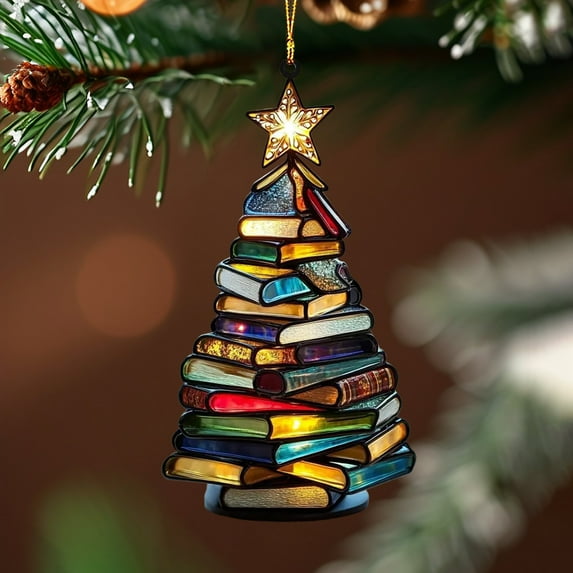 Taotanxi Stacks of Christmas Book Tree Suncatcher Ornament,Book Lover Gifts for Librarians Reader Bookworm Book Club Arcylic Book Tree Ornament Decor for Friends Sister Christmas Birthday Gifts