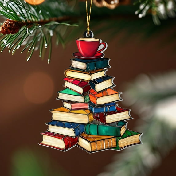 Taotanxi Stacks of Christmas Book Tree Suncatcher Ornament,Book Lover Gifts for Librarians Reader Bookworm Book Club Arcylic Book Tree Ornament Decor for Friends Sister Christmas Birthday Gifts