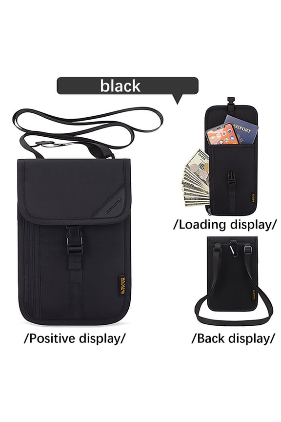 Travel Neck Wallet With Double Zippers, Rfid Blocking Passport Holder With Adjustable Neck Strap To Keep Cash, Credit Cards And Travel Documents Safe - Black
