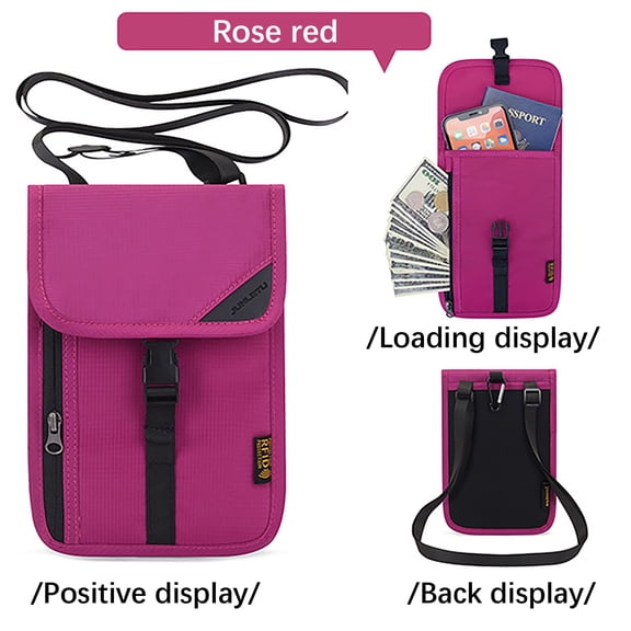 Taotanxi Travel Neck Wallet With Double Zippers, Rfid Blocking Passport Holder With Adjustable Neck Strap To Keep Cash, Credit Cards And Travel Documents Safe - Hot Pink
