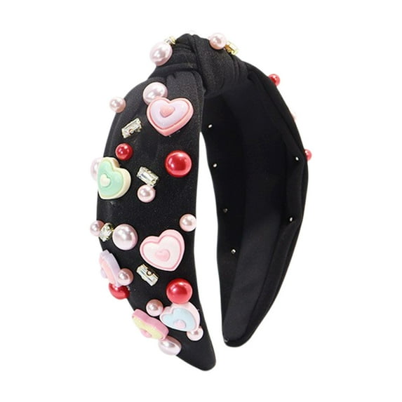 Taotanxi Valentine's Day Headband for Women Rhinestone Crystal Jeweled Love Heart Embellished Ladies Wide Top Knot Black Makeup Hair Hoop Accessory Holiday Party Costume Decor Prezzie