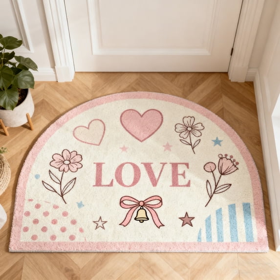 Taotanxi Valentines DayDoormat Welcome Door Mat Semi-Circular Area Rug with LOVE Boho Non-Slip Floor Front Doormat Resist Dirt Carpet for Girls Room Classroom 15.7x23.6 In