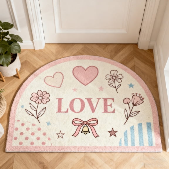 Taotanxi Valentines DayDoormat Welcome Door Mat Semi-Circular Area Rug with LOVE Boho Non-Slip Floor Front Doormat Resist Dirt Carpet for Girls Room Classroom 15.7x23.6 In