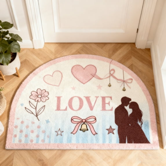 Taotanxi Valentines DayDoormat Welcome Door Mat Semi-Circular Area Rug with LOVE Boho Non-Slip Floor Front Doormat Resist Dirt Carpet for Girls Room Classroom 15.7x23.6 In