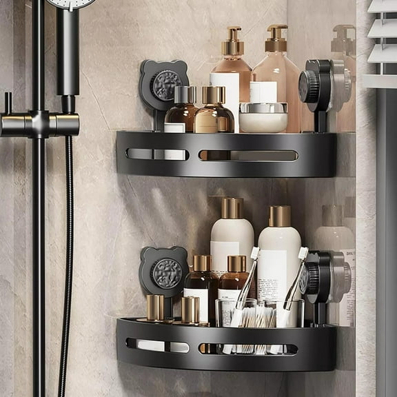 Taotanxi Wall No-punch Suction Cup Corner Shower Caddy with Hooks,Bathroom Shower Organizer, No Drilling Rust Proof Shower Shelf for Inside Shower 2 Pack (Black)