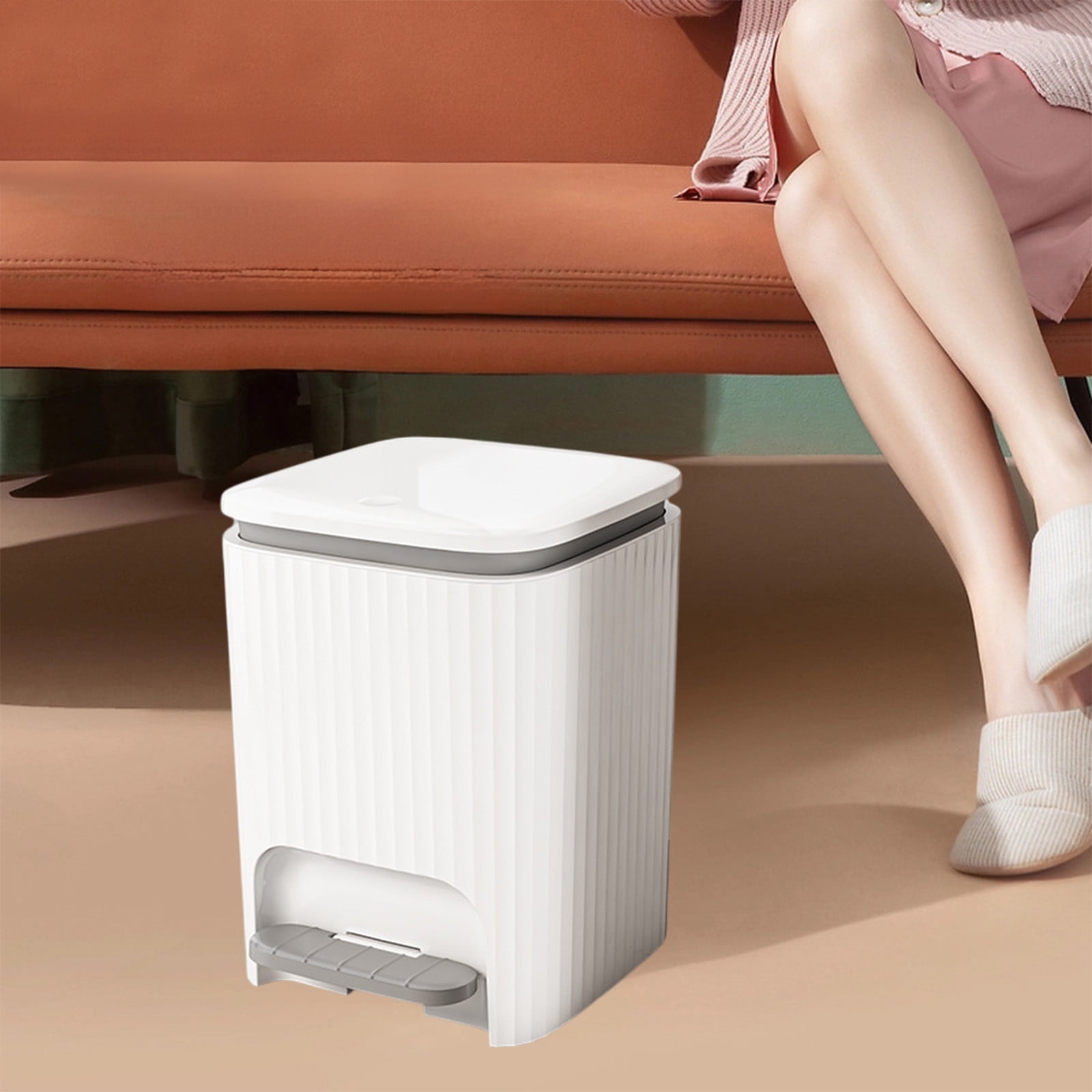 YUJUNDZSW 9L/12L Square Pedal Trash Can With Lid - Double Opening, Built-in Bag Ring, Cream White & Coffee - View #3