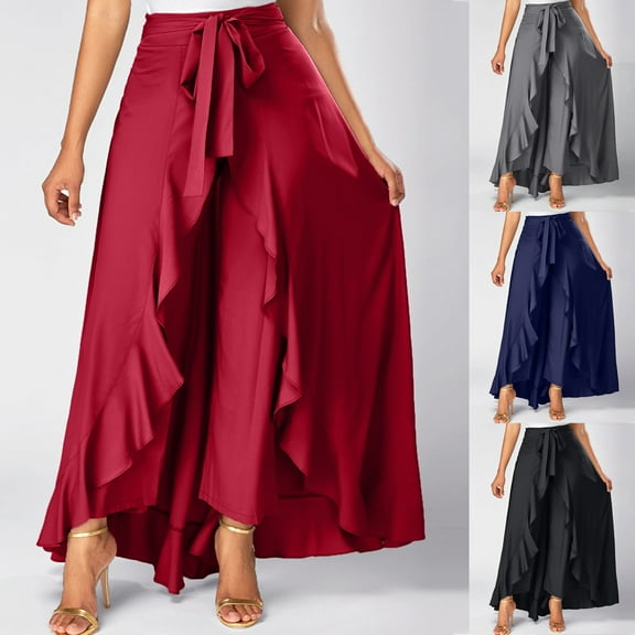 Wovilon Women's Casual Hakama Irregular Leaf Bow High Waist Long Culottes Skirt
