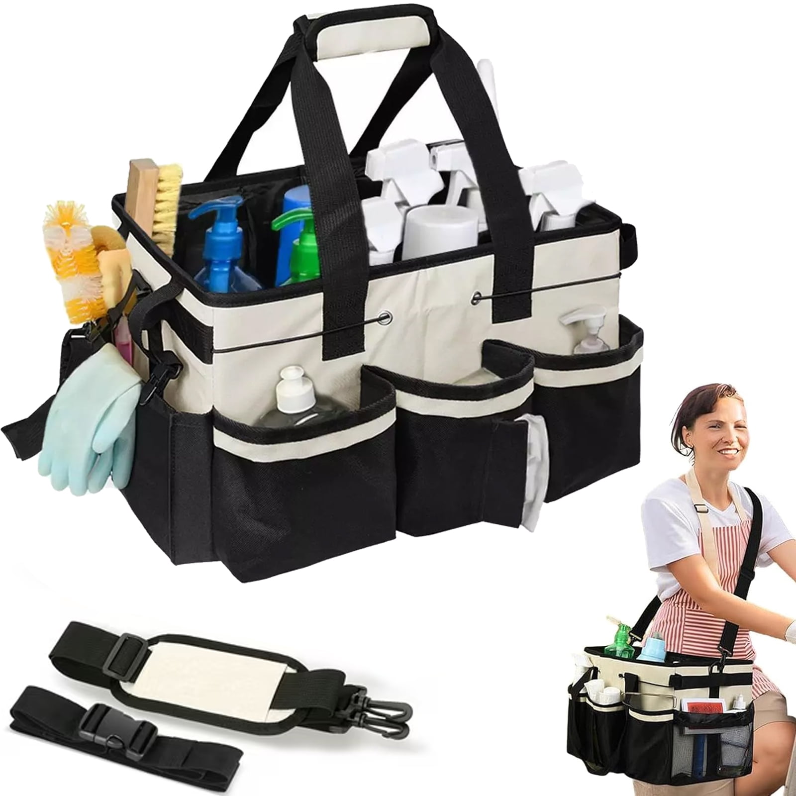 Taotique Cleaning Caddy Bag for Housekeepers, Foldable Cleaning Supply Bag with 5 Compartments, Wearable Cleaning Detailing Bag Organizer Tote Bag with Handles and Shoulder Strap -Orange