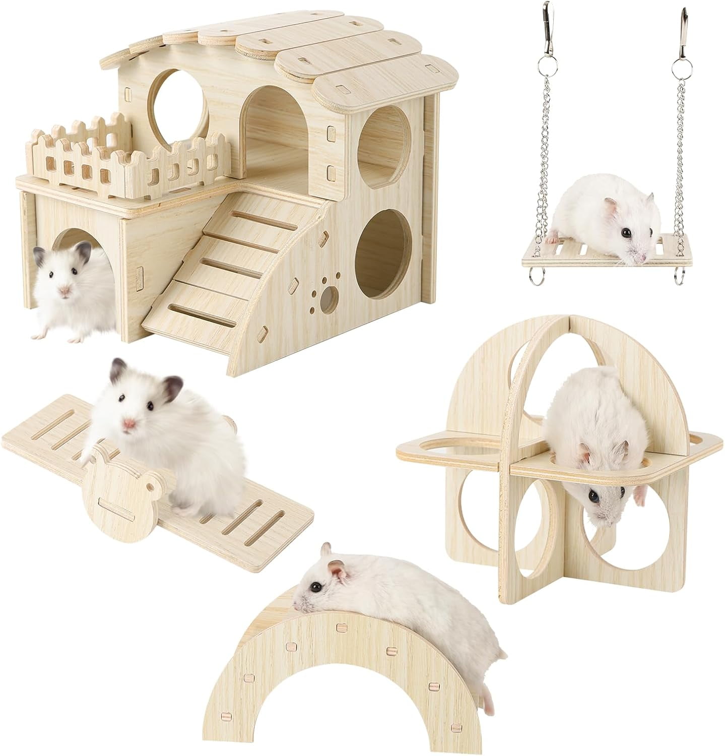 Taotique Hamster Toys Solid Wood House Hideout Swing Seesaw Crawling Ladder Gym Tunnel Landscaping and Relaxation Products Suitable for Dwarf Gerbils Mouse Mice Small Animals Habitat 5Pcs