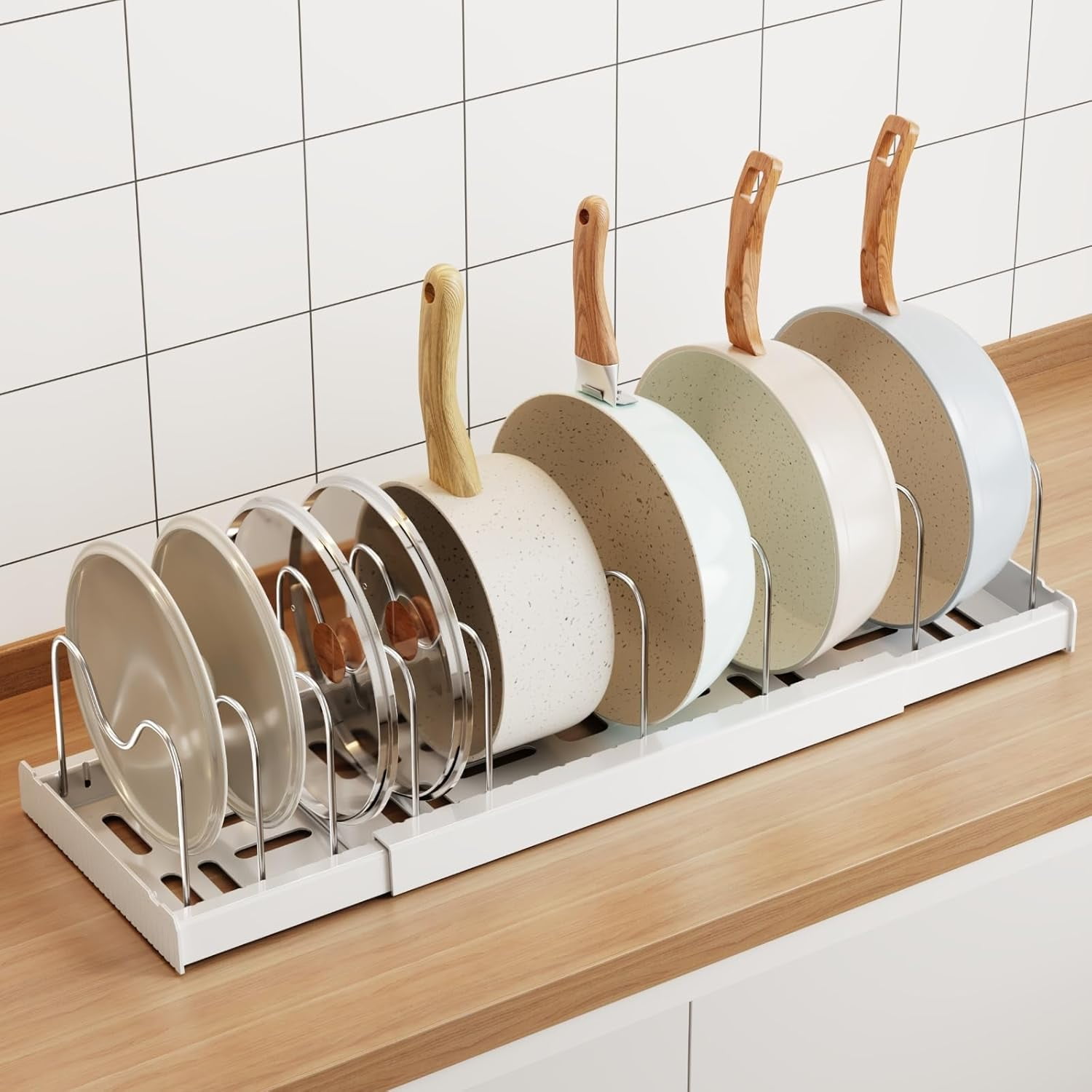 Taotique Pots and Pans Organizer Under Cabinet, 22" Expandable Food Storage Container Lid Organizers with 10 Adjustable Dividers Pot and Pan Lid Holders Rack Inside Cabinet/Countertop - Walmart.com