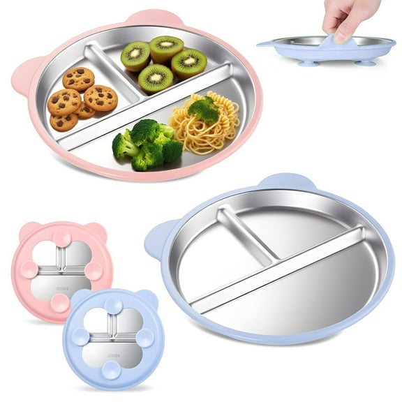Taotique Stainless Steel Baby Plates with Suction, 9" Toddler Divided Plates with Removable Silicone Sleeves for Baby Snack Dishes, Blue & Pink