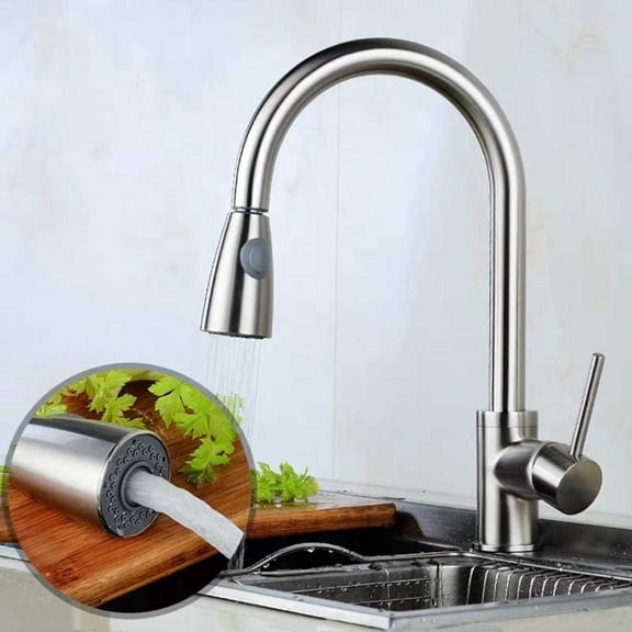 Tap, Single Handle Can Be Rotated 360 Compatible with Pull-Out Dual Rinsing Spray Stainless Steel Drawing Kitchen Sink Hot and Cold Water Taps, Modern Style