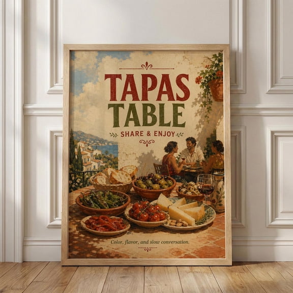 Tapas Table Spanish Kitchen Mediterranean Cafe Decor Vintage Food Dining Room Art, Unframed Poster