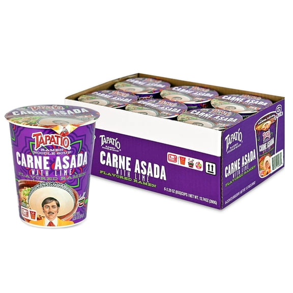 Tapato Ramen Noodle Soup Carne Asada with Lime Flavor Instant Microwaveable Bowls, Hot & Spicy, 6 Pack, 2.29 oz Bowls