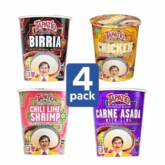 Tapato Ramen Noodle Soup Variety Pack, 4 Pack (2.29 oz Cups), Birria, Chicken, Carne Asada & Chili Lime Shrimp Flavors