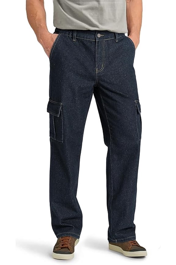 Men's Relaxed Fit Cargo Jeans Elastic Waist 6 Pockets Straight Leg Work Utility Pants
