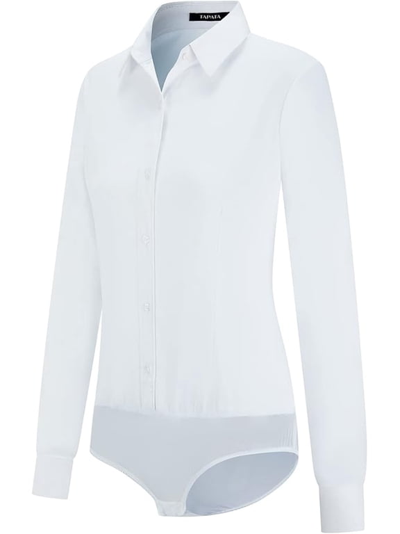 Womens Bodysuit Blouse Button Down One-Piece Long Sleeve Solid Office Work Shirt Casual Tops