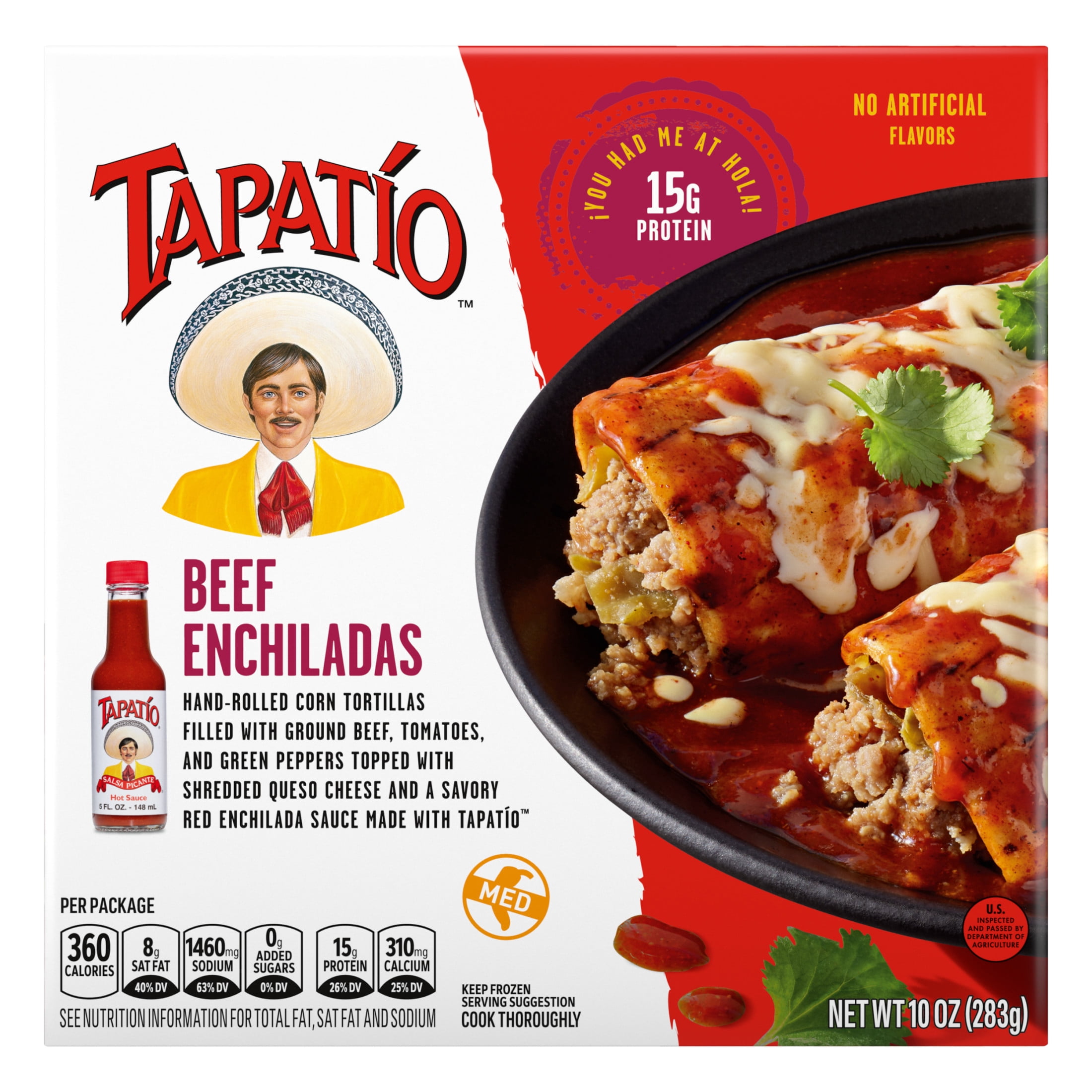 Tapatio Beef Enchiladas Mexican Microwave TV Dinner with Tapatio Hot Sauce Entree Food Meal, 10 oz (Frozen)