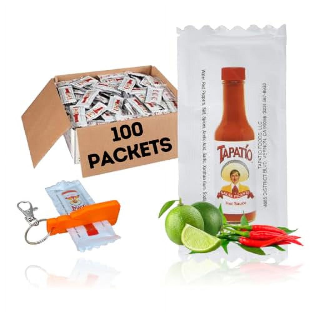 Tapatio Hot Sauce Travel 1/4 oz 7 Gram (Pack of 100) Packets + Key