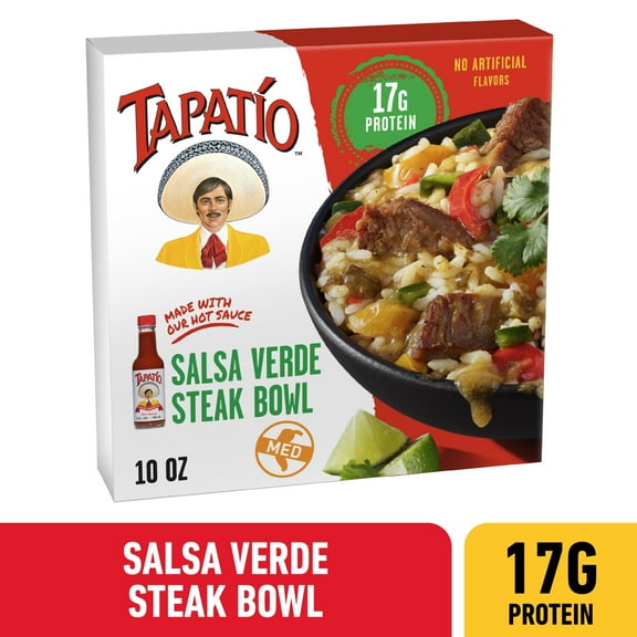 Tapatio Salsa Verde Steak Bowl Mexican Microwave TV Dinner with Tapatio Hot Sauce Entree Food Meal, 10 oz (Frozen)