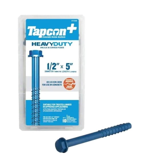 Tapcon Heavy Duty Screw Anchor - Steel, Easy Installation, Blue - 10 Count, 1/2 in x 5 in
