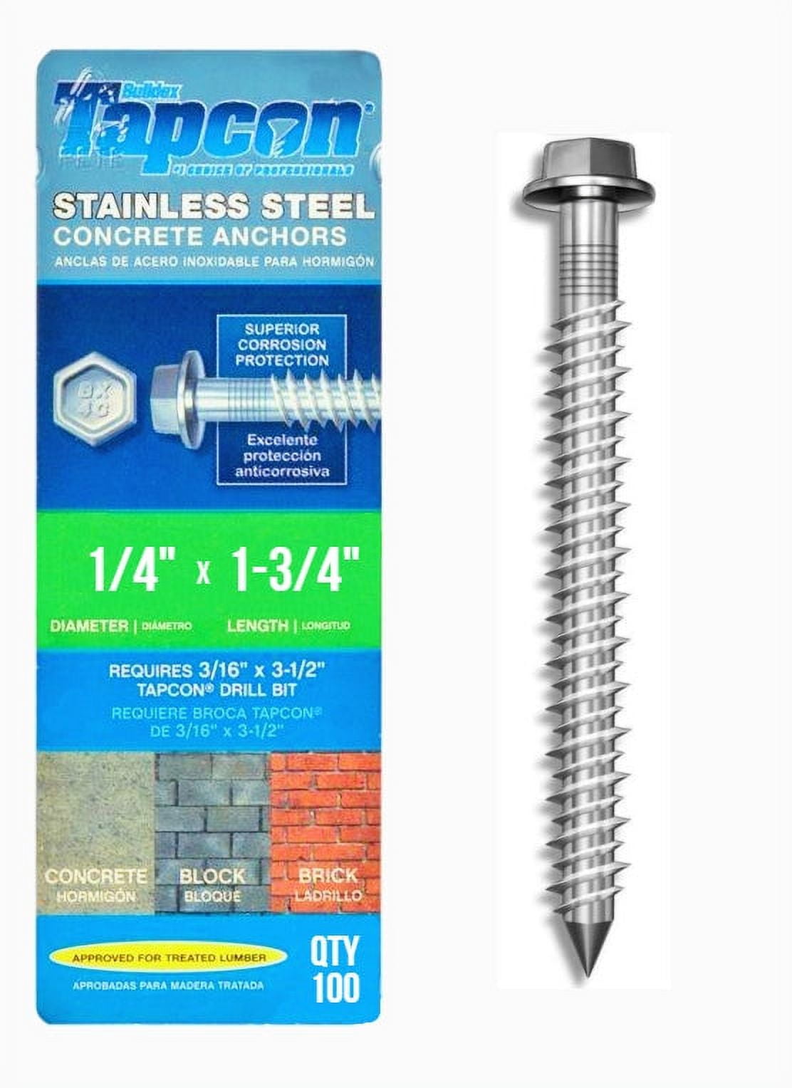 Tapcon 1/4" x 13/4" Stainless Steel Hex Head Concrete Anchor Screws