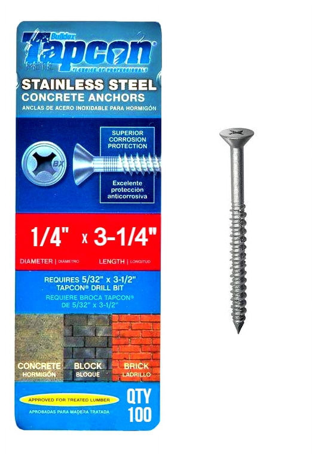 Tapcon 1/4" x 31/4" Stainless Steel Phillips Flat Head Concrete Anchor