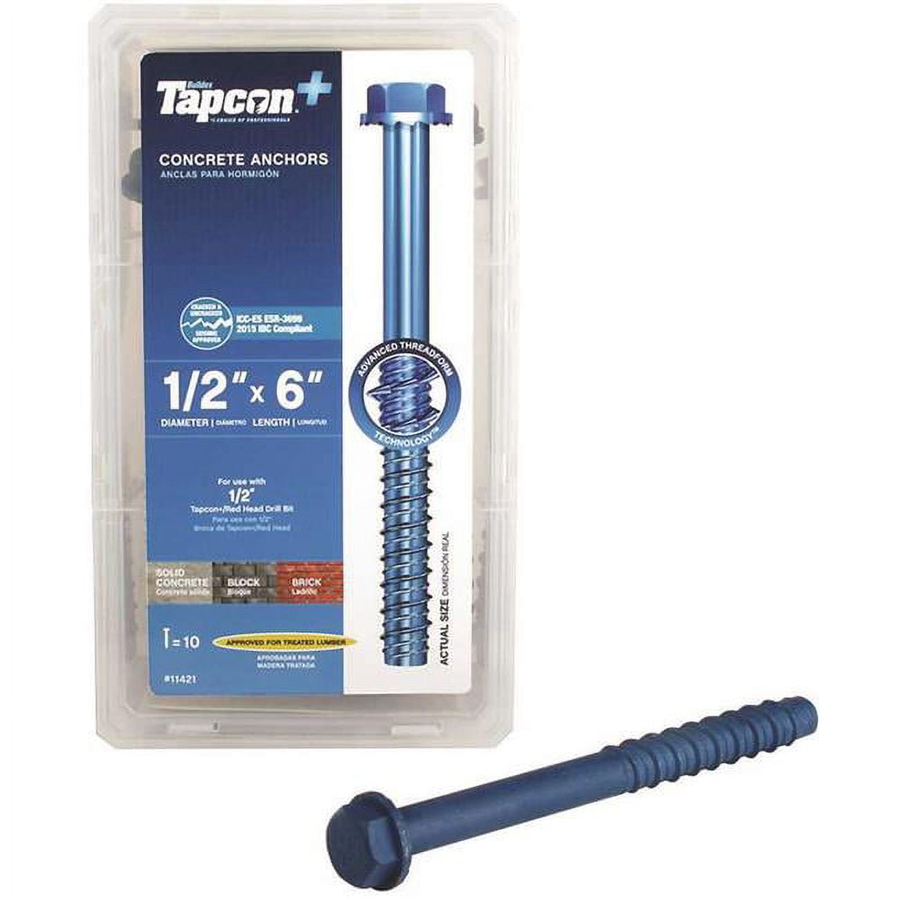 Tapcon 11421 0.5 x 6 in. Steel Hex Washer-Head Indoor & Outdoor Concrete Anchors - Pack of 10