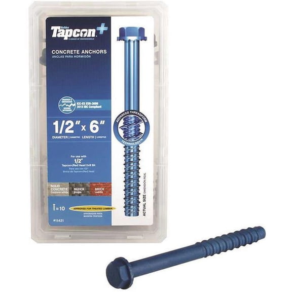 Tapcon 11421 0.5 x 6 in. Steel Hex Washer-Head Indoor & Outdoor Concrete Anchors - Pack of 10
