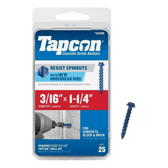 Tapcon 24220 Concrete Screw Anchor, 1/4 in Dia, 1-3/4 in L, Steel, Climaseal