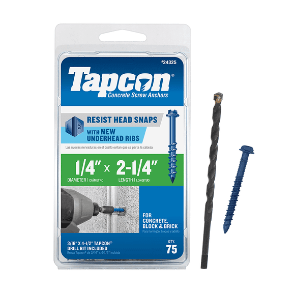Tapcon 24325 Concrete Screw, 1/4 in x 2-1/4 in, Steel, Climaseal