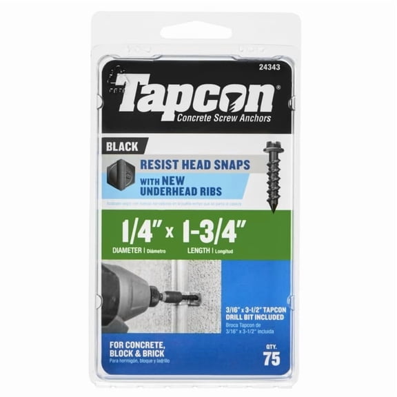 Tapcon 24343 1/4" X 1-3/4" HEX Head Black Screw Anchor 75CT
