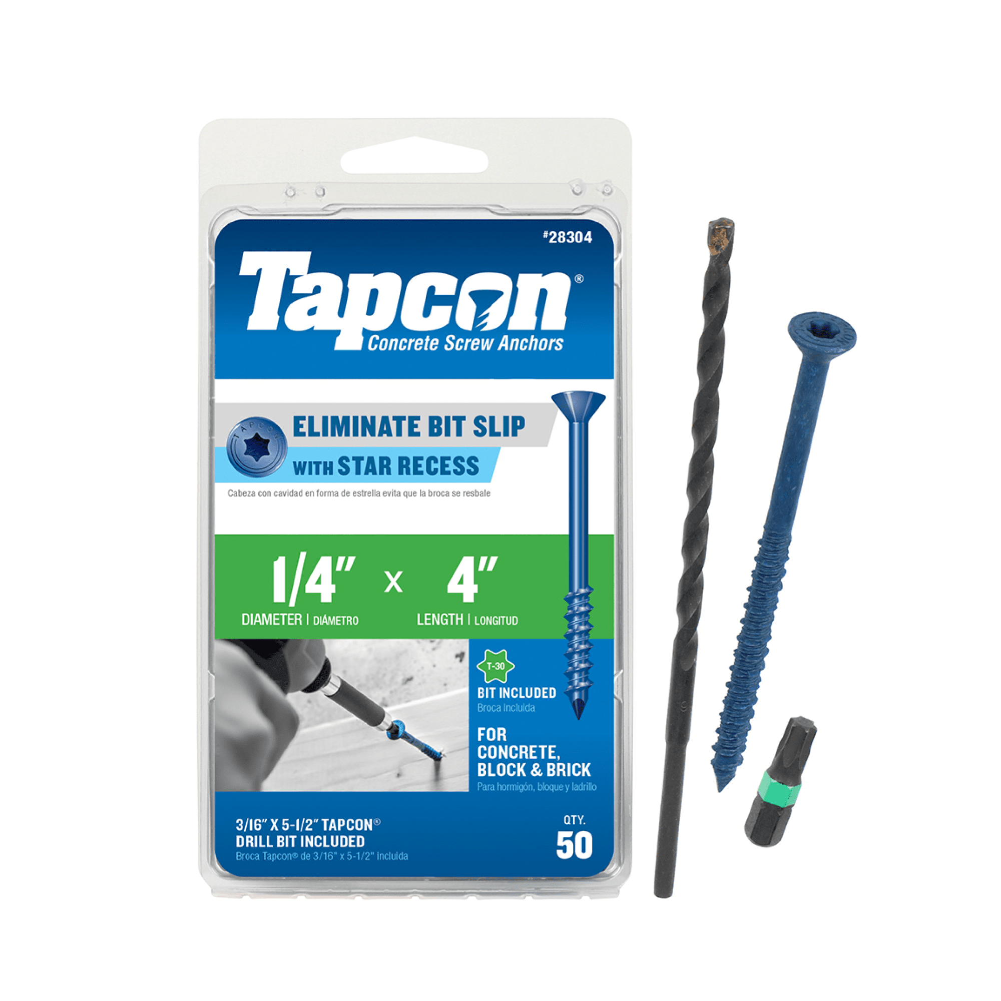 Tapcon 28304 Star Flat Head Concrete Screws, 4", Steel