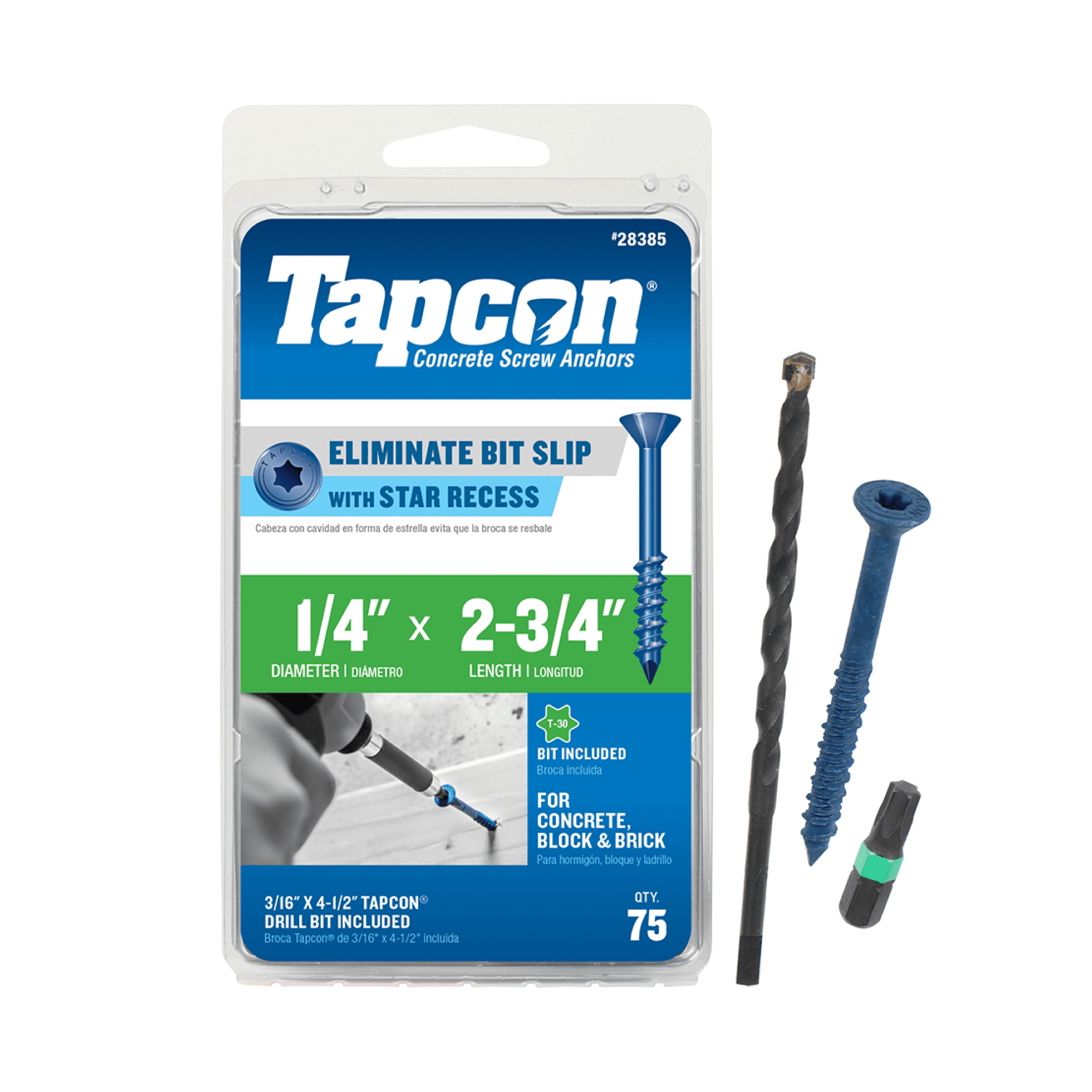 Tapcon 28385 1/4x2-3/4 Blue Star Drive Bugle Head Concrete Anchors 75/Box