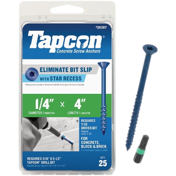 ITW Brands Tapcon Concrete Anchor Star Drive Bugle Head - Rust Resistant - 25 Pack, 1/4 x 4 In.