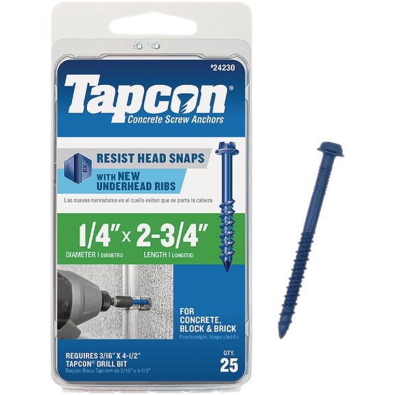 ITW BRANDS Tapcon 1/4 x 2-3/4-Inch Hex-Washer-Head Concrete Anchors, 25-Pack 24230