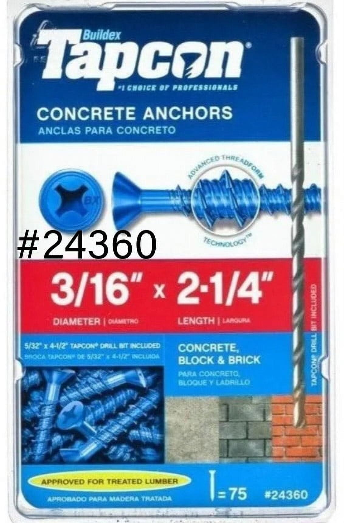 Tapcon Easy-to-Use Concrete Anchors 3/16" x 2-1/4" 75 Count