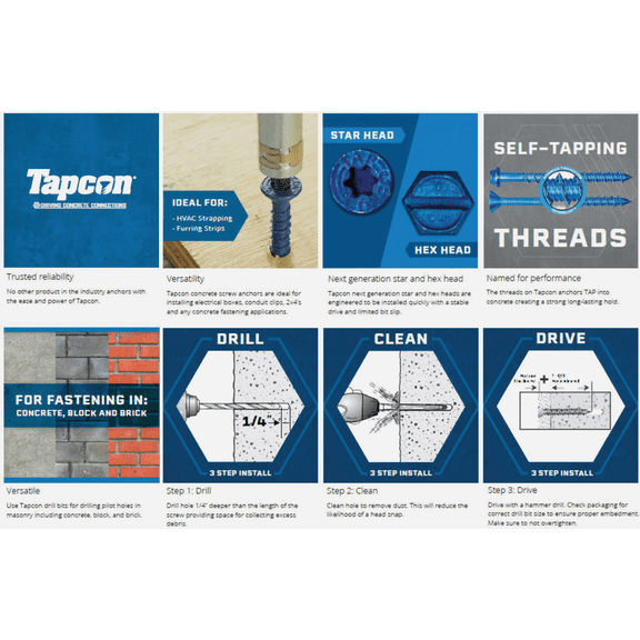 Tapcon Fastener - Tapcon Star Head Concrete Screw Anchor - Pack of 12