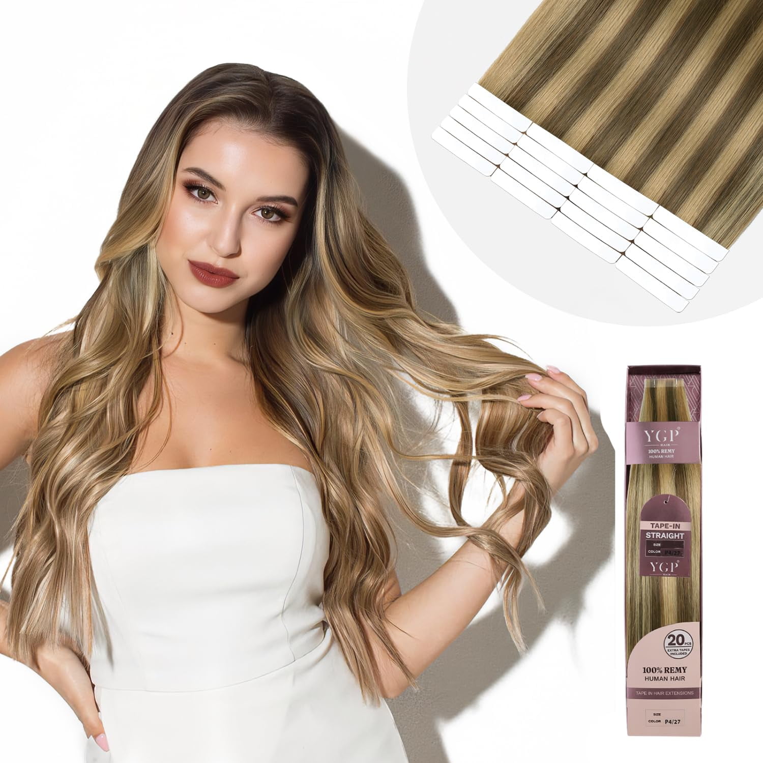Tape in Hair Extensions Human Hair 22 Inch 50g 20 pcs Ombre Chocolate Brown to Caramel Blonde