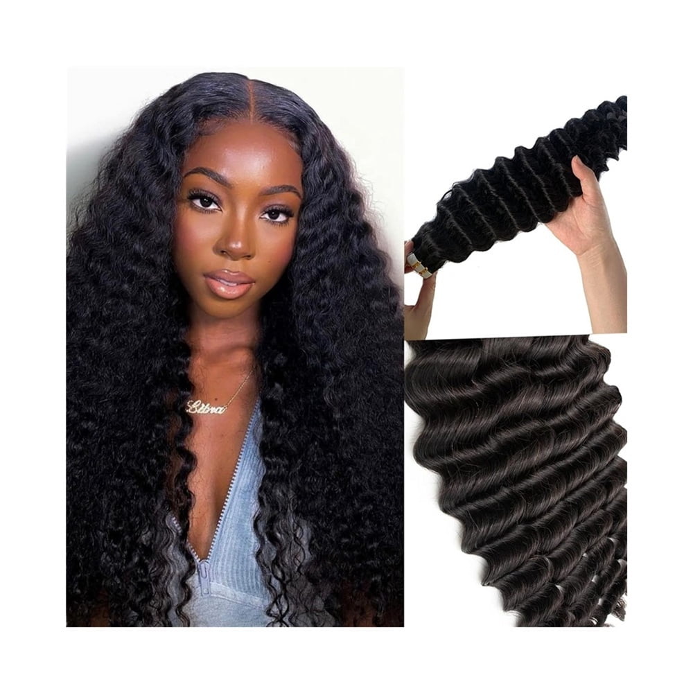 Tape In Real Human Hair Extensions 16-26 Inch Long Deep Wave Seamless Skin Weft Invisible Tape In Hair Extensions Natural Black Remy Human Hair