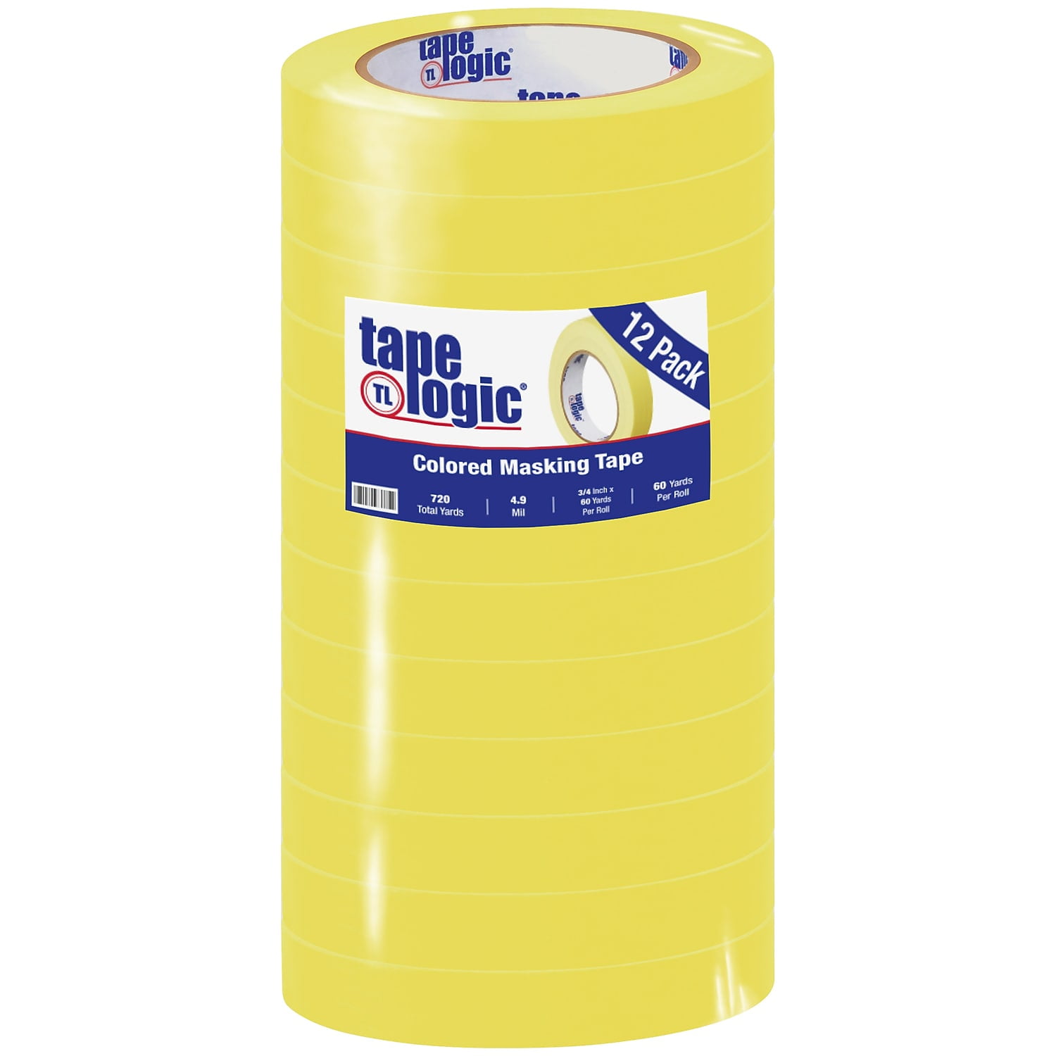 Tape Logic® Color Masking Tape, 3" Core, 0.75" x 180', Yellow, Case Of 12