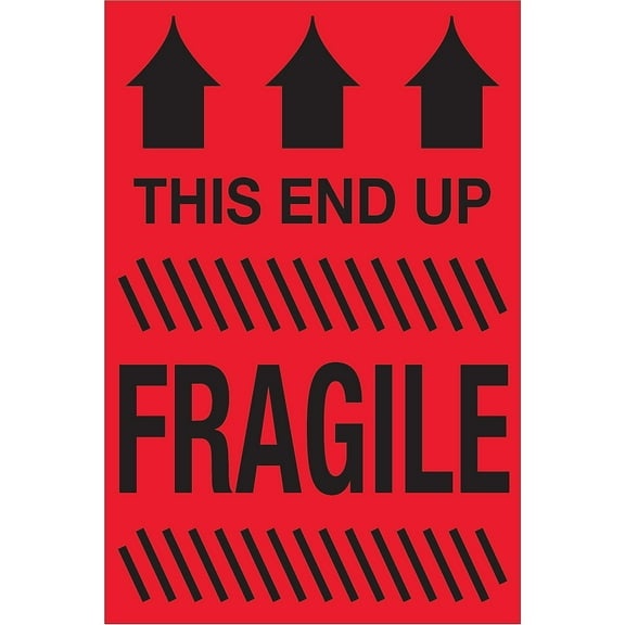 Tape Logic DL1325 2 x 3 in. - This End Up - Fragile Fluorescent Red Labels - Roll of 500