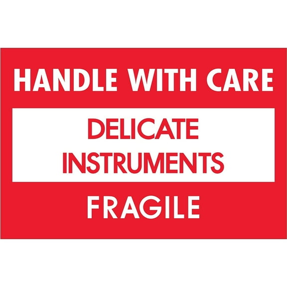 Tape LogicĀ® Fragile Labels, DL1308, Handle With Care - Delicate Instruments - Fragile, 2" x 3", Red/White, Roll Of 500